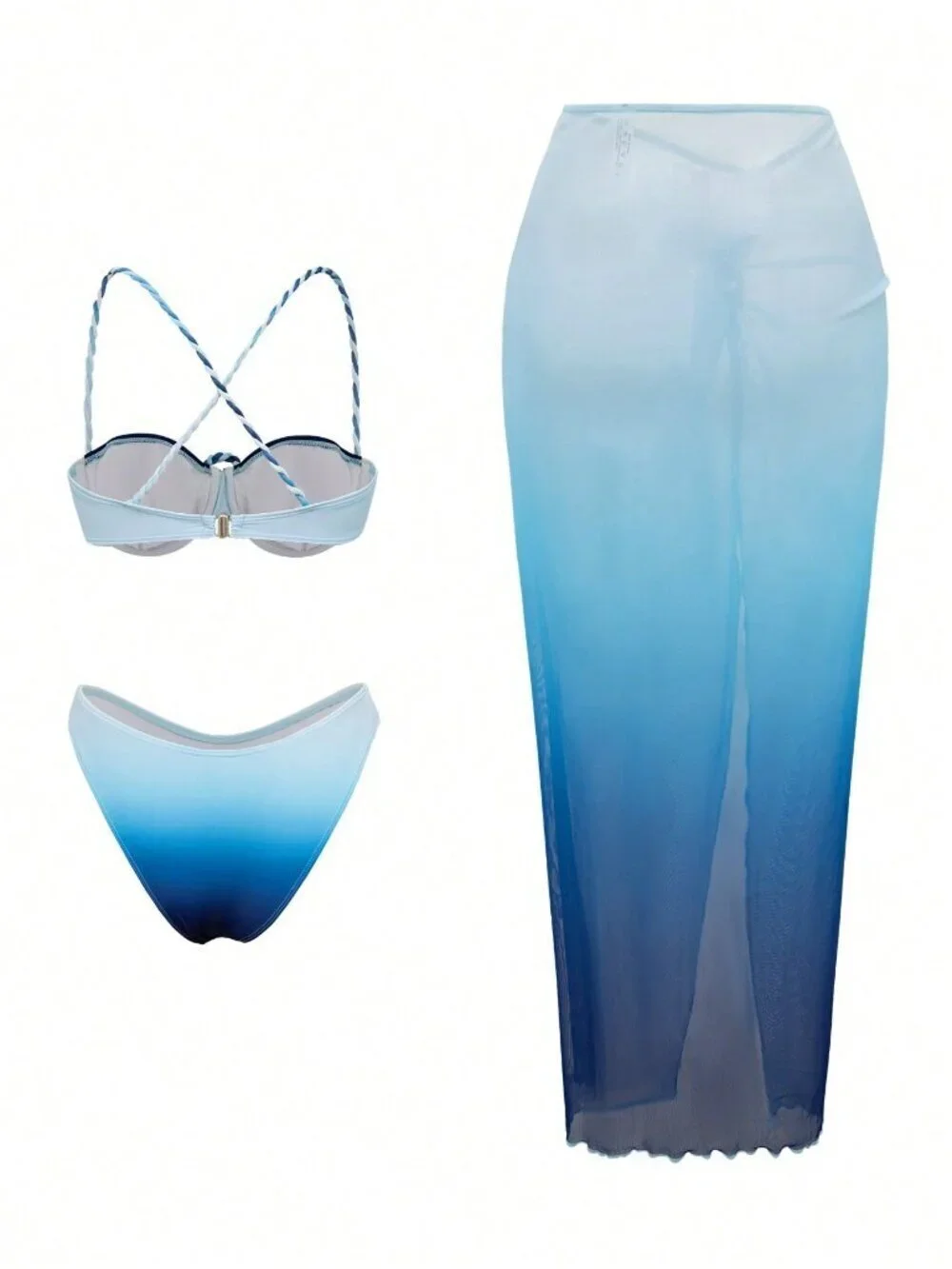Blue Sexy Women'sTight Gradient Print Braided Rope Beach Mesh Skirt Bikini Set